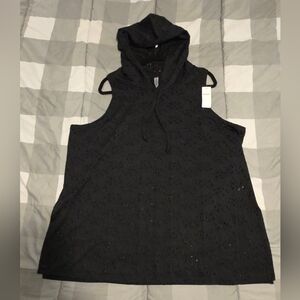 Plus Sized 1X Black Sleeveless Hooded Swim Cover Up